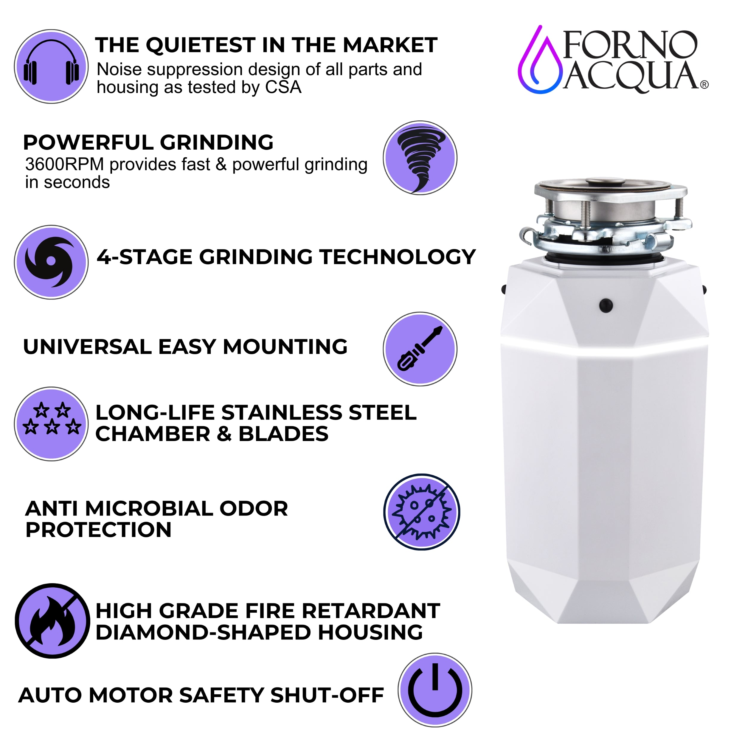 ACQUA BrightDIAMOND 1HP Super Quiet Garbage Disposal Corded with Motion Sensor Cabinet Light & Pre-Wired Air Switch WDD100TA2MS