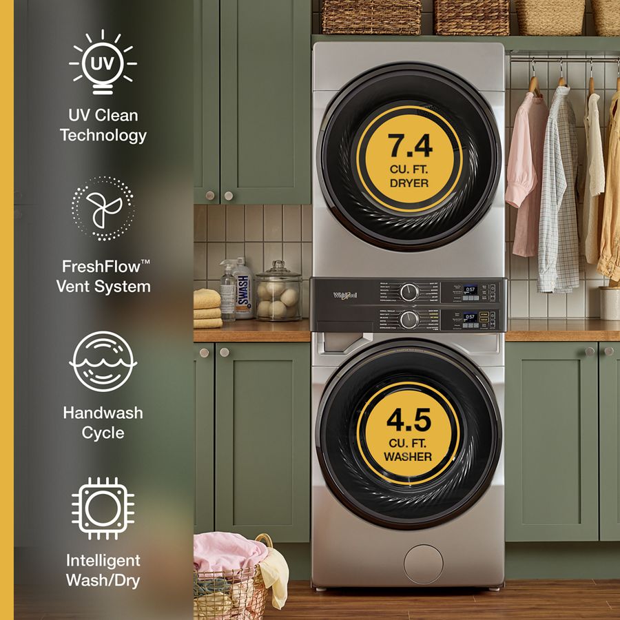 Smart ENERGY STAR® Front Load Laundry Tower with UV Clean Technology & FreshFlowTM Vent System 4.5 cu. ft. Washer & 7.4 cu. ft. Electric Dryer WEF5727TR