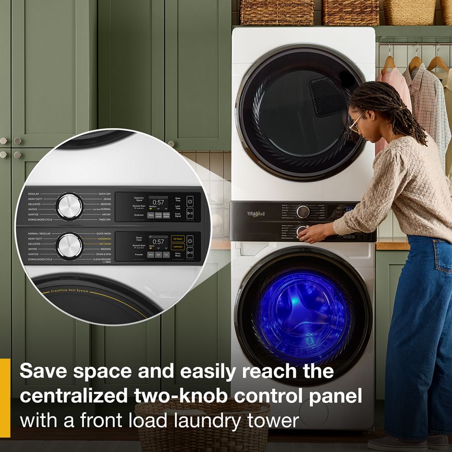 Smart ENERGY STAR® Front Load Laundry Tower with UV Clean Technology & FreshFlowTM Vent System 4.5 cu. ft. Washer & 7.4 cu. ft. Electric Dryer WEF5727TW