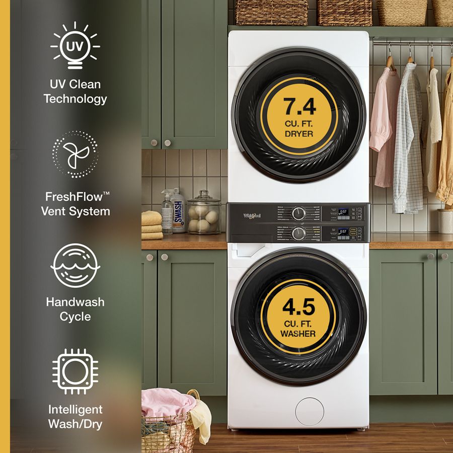Smart ENERGY STAR® Front Load Laundry Tower with UV Clean Technology & FreshFlowTM Vent System 4.5 cu. ft. Washer & 7.4 cu. ft. Electric Dryer WEF5727TW