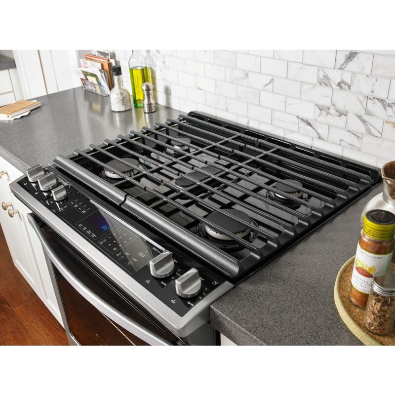 Whirlpool 5.8 Cu. Ft. Slide-In Gas Range with EZ-2-Lift Hinged Grates Black-on-Stainless WEG745H0FS Picture