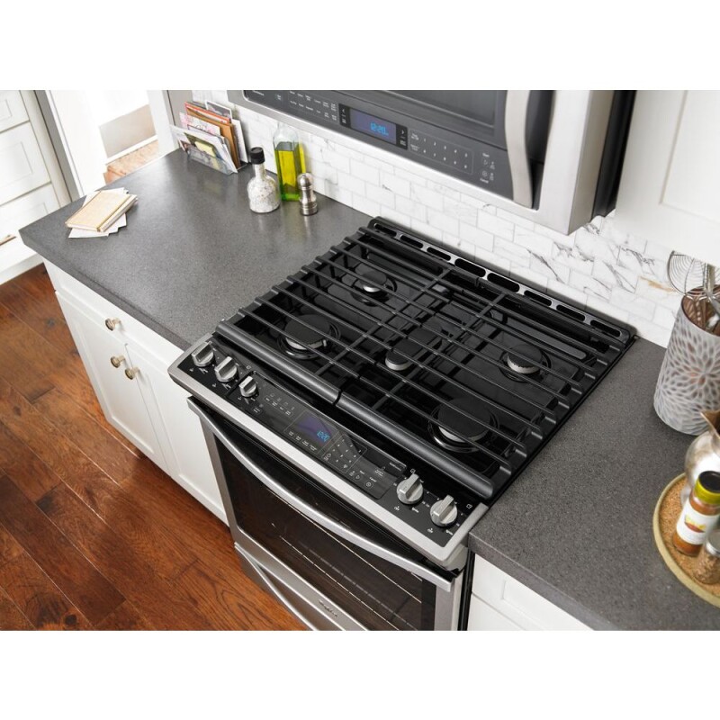 Whirlpool 5.8 Cu. Ft. Slide-In Gas Range with EZ-2-Lift Hinged Grates Black-on-Stainless WEG745H0FS Picture