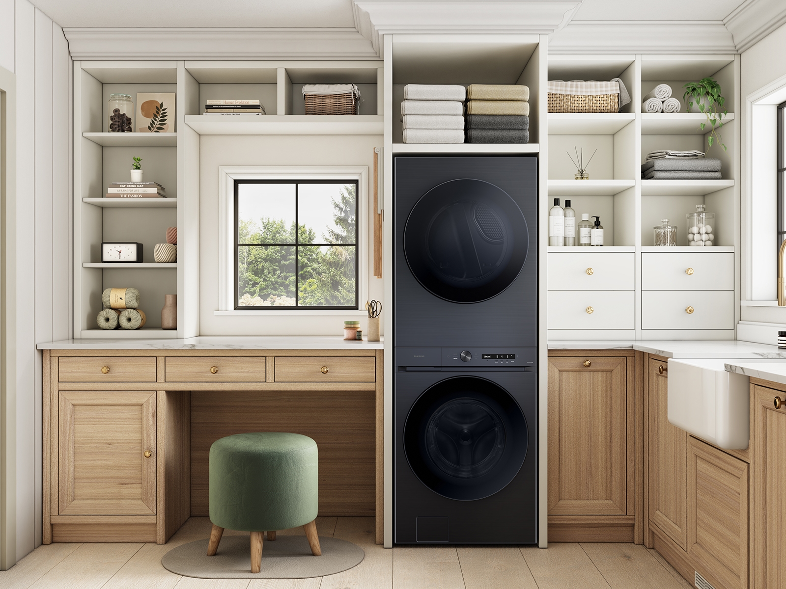 Bespoke AI Laundry Hub™ 4.6 cu. ft. Large Capacity Single Unit Washer with Flex Auto Dispense System and 7.6 cu. ft. Gas Dryer in Brushed Black WH46DBH500GVA3