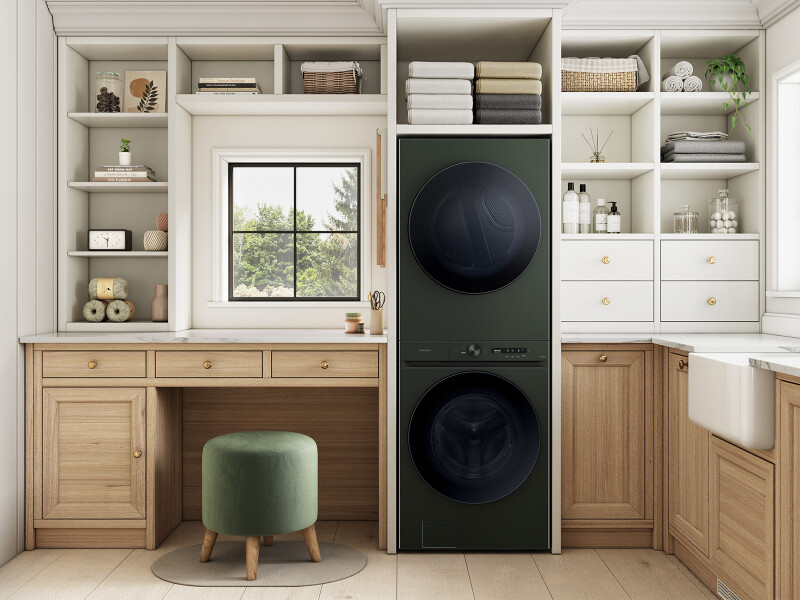 Bespoke 5.3 cu. ft. AI Laundry Hub™ Ultra Capacity Single Unit Washer with AI OptiWash™ and 7.6 cu. ft. Electric Dryer in Satin Green WH53DBH700EFA3
