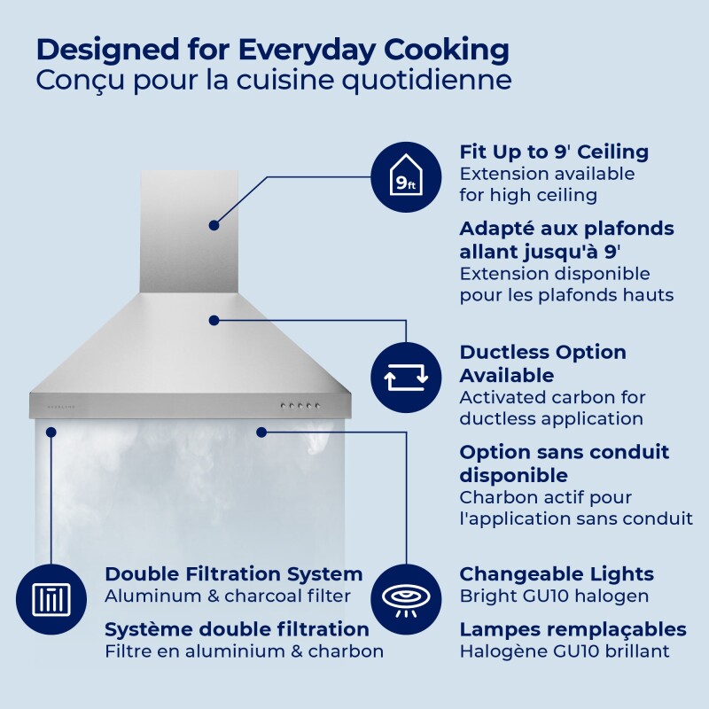 30" Wall Mount Range Hood - Convertible - Charcoal Filters Included Matte Black WM530BLK30B