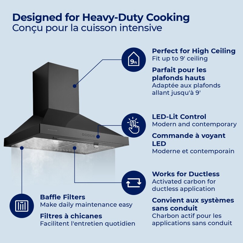 30" Black Stainless Steel Wall Mount Range Hood - Convertible - Suitable for High Ceiling WM590BSS30