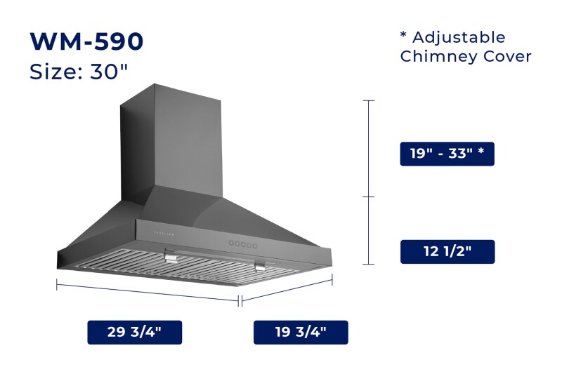 30" Black Stainless Steel Wall Mount Range Hood - Convertible - Suitable for High Ceiling WM590BSS30