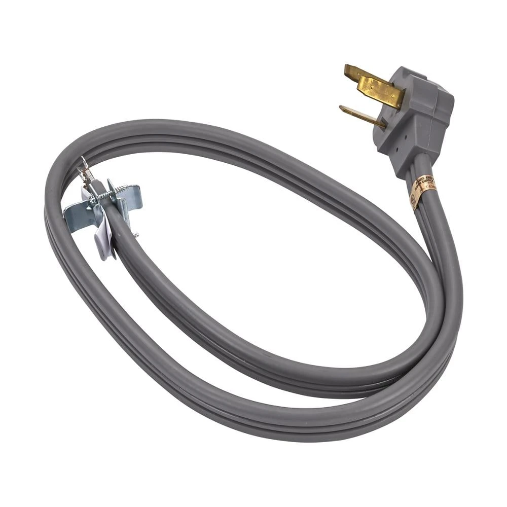 4' Electric Range Power Cord rated 50 A, with 3-wire 3-ring terminal connectors, and right-angle 3-prong plug WPPT520