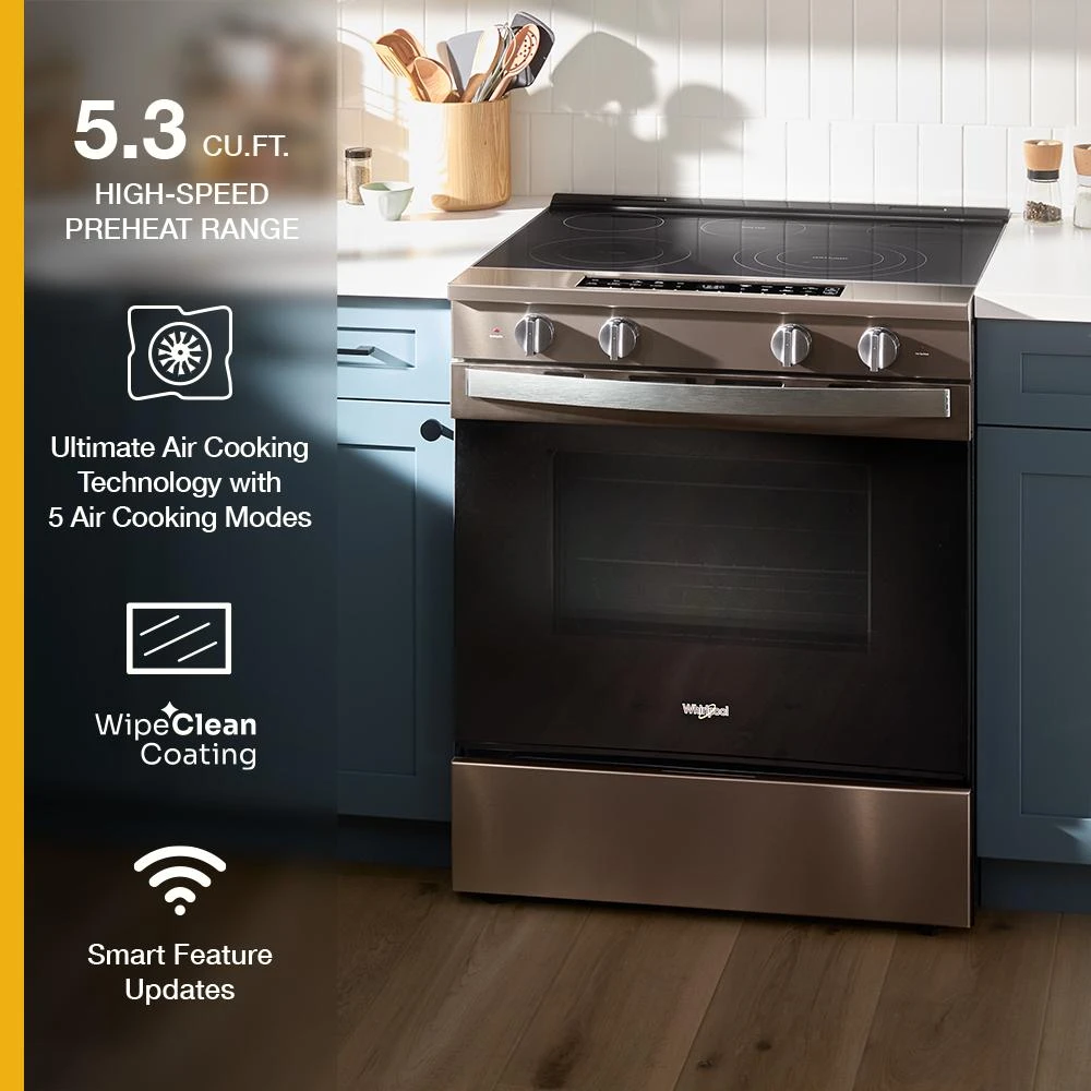 30-inch Smart Slide in Electric Range with Air Cooking Technology, No Preheat Air Fry, WipeClean™ Coating, Steam/Self Clean and High Speed Preheat WSES7530RV