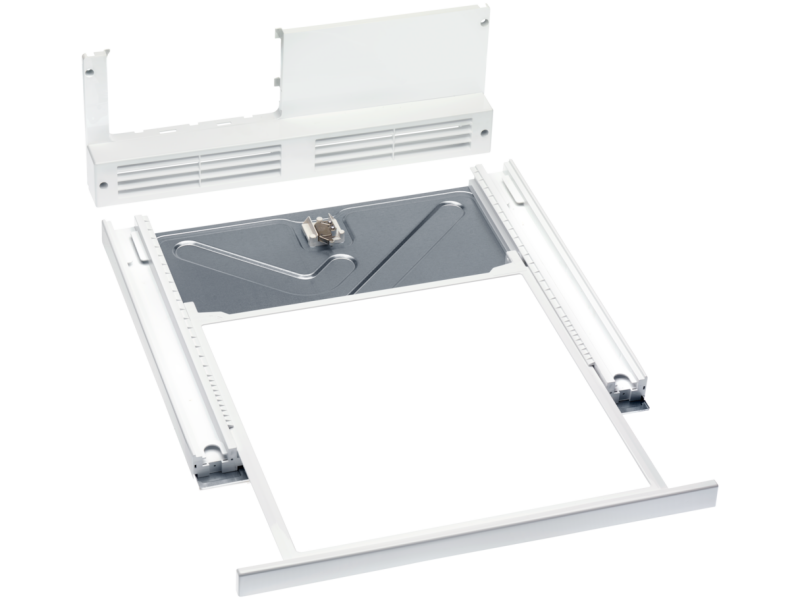 Washer‑dryer stacking kit "with a shelf, creates a secure washer-dryer stack." WTV410