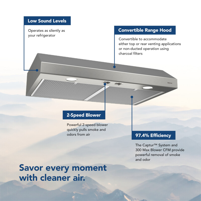 Glacier 30-Inch 300 Max Blower CFM 5 Sones Range Hood view 3